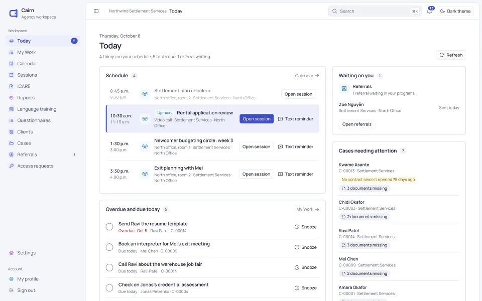 Cairn daily workspace showing scheduled activities, follow-ups and tasks.