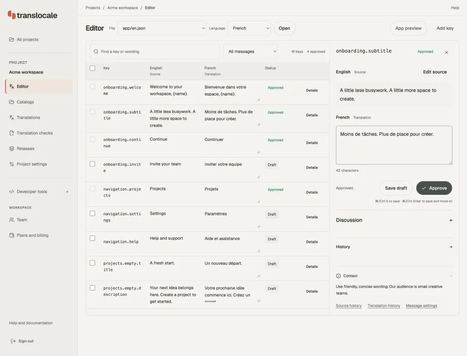 TransLocale onboarding subtitle marked Approved in both the message list and review panel.