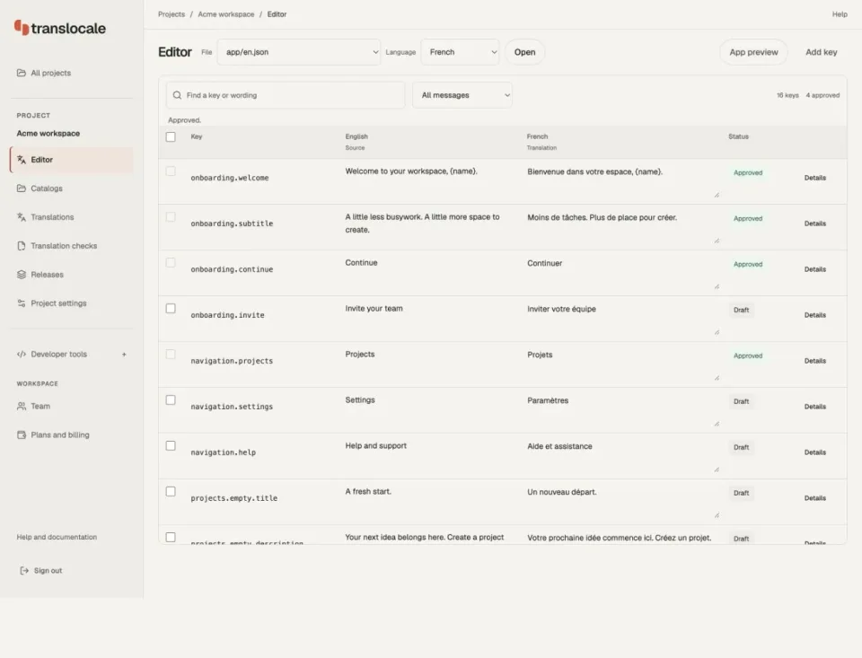 TransLocale editor with English source strings, French translations and individual draft or approved statuses.